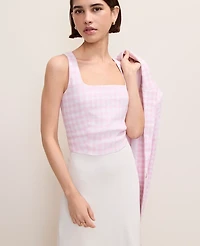 Ann Taylor Gingham Linen Blend Tank Top Vibrant Pink Women's