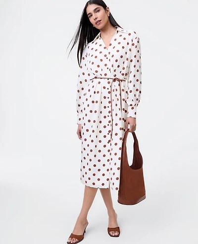 Ann Taylor Petite Dotted Satin Midi Shirtdress Tortoise Shell Women's