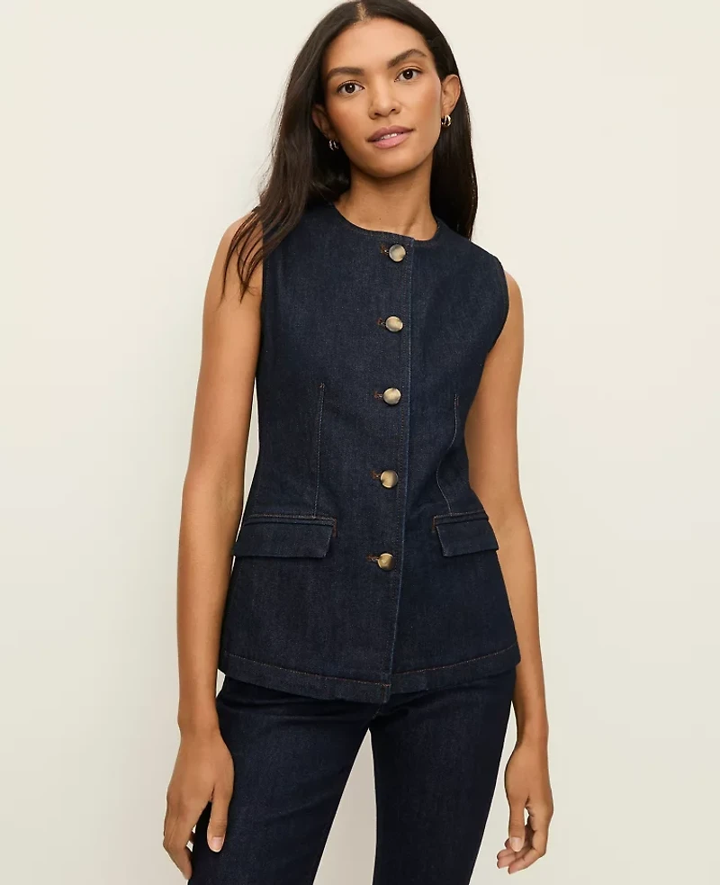 Ann Taylor The Petite Long Crew Neck Vest Denim Classic Rinse Wash Women's