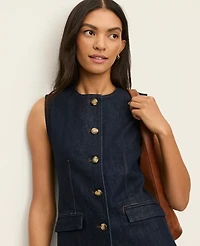 Ann Taylor The Petite Long Crew Neck Vest Denim Classic Rinse Wash Women's