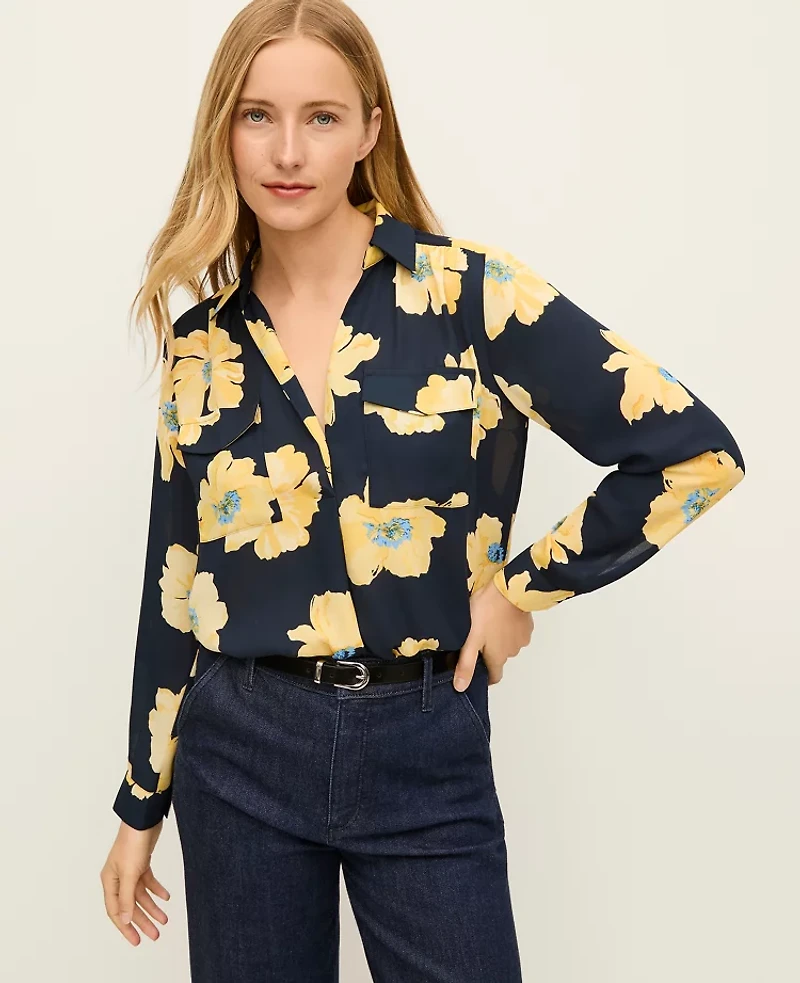 Ann Taylor Petite Floral Camp Shirt Night Sky Women's