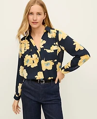 Ann Taylor Petite Floral Camp Shirt Night Sky Women's