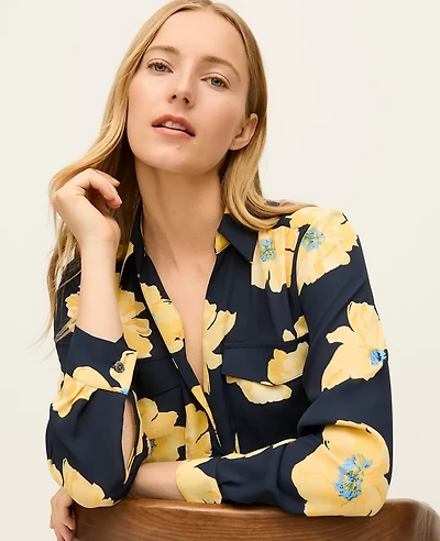 Ann Taylor Petite Floral Camp Shirt Night Sky Women's