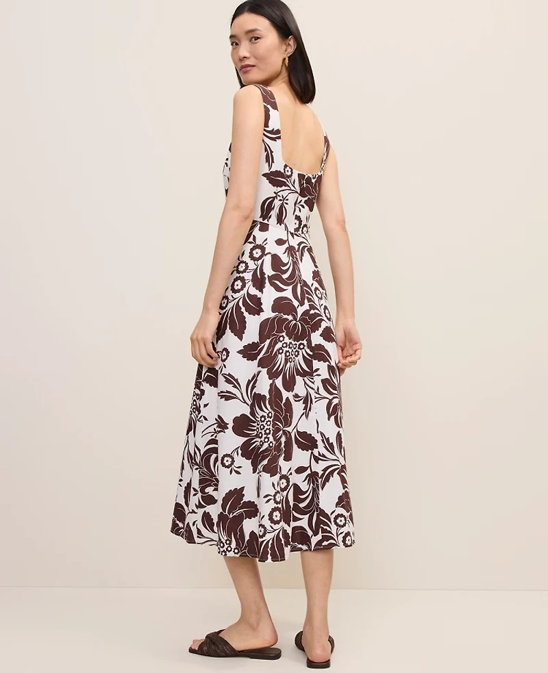 Ann Taylor Floral Linen Blend Flare Midi Dress Rich Walnut Women's
