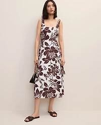 Ann Taylor Floral Linen Blend Flare Midi Dress Rich Walnut Women's