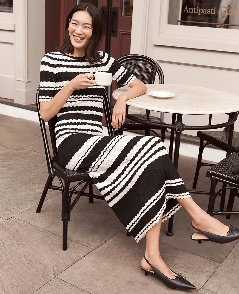 Ann Taylor Striped Pointelle Sweater T-Shirt Black Women's