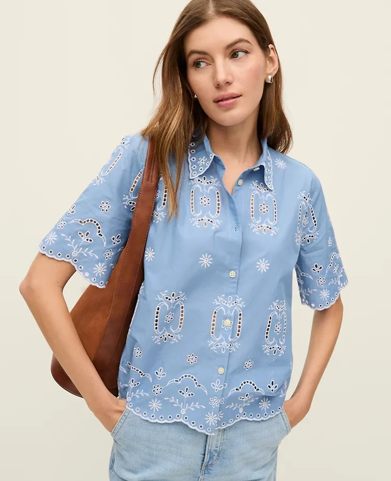 Ann Taylor Weekend Collection Eyelet Blouse Blue/White Combo Women's