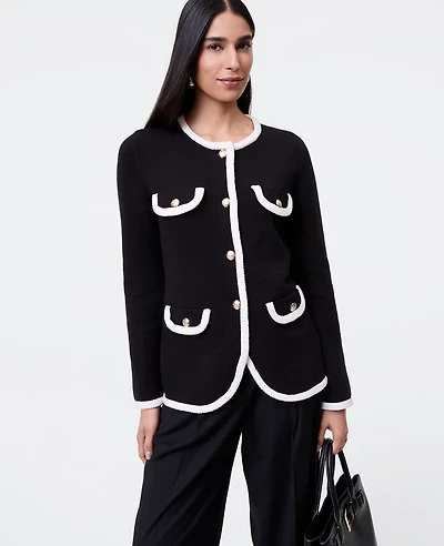 Ann Taylor Petite Textured Trim Sweater Jacket Black Women's