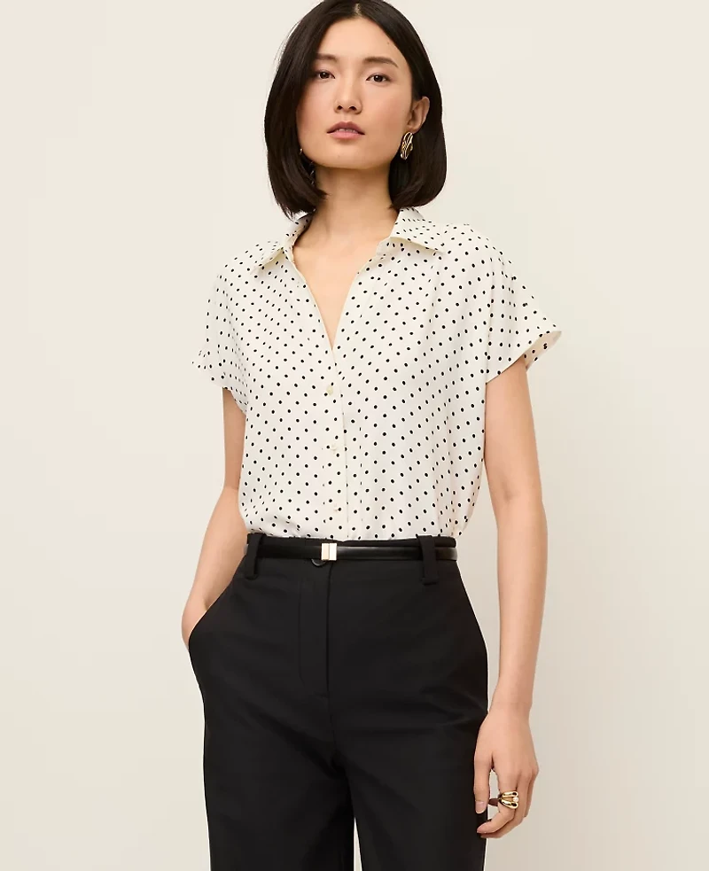 Ann Taylor Petite Polka Dot Split Neck Blouse Winter White Women's