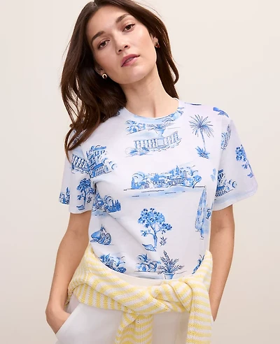 Ann Taylor Weekend Toile Relaxed T-Shirt Wave Pool Women's