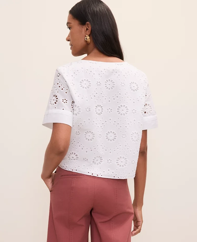 Ann Taylor Weekend Eyelet Scoop Neck Blouse White Women's