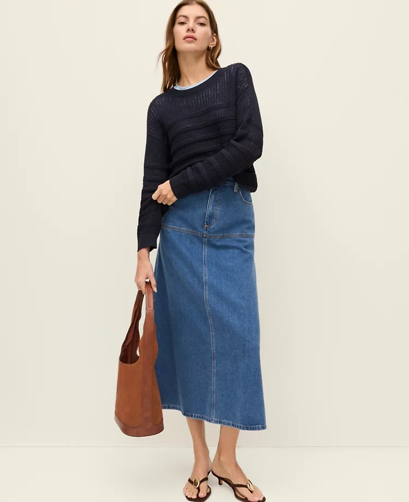 Ann Taylor Petite Weekend Collection Denim Midi Skirt Bright Medium Stone Wash Women's