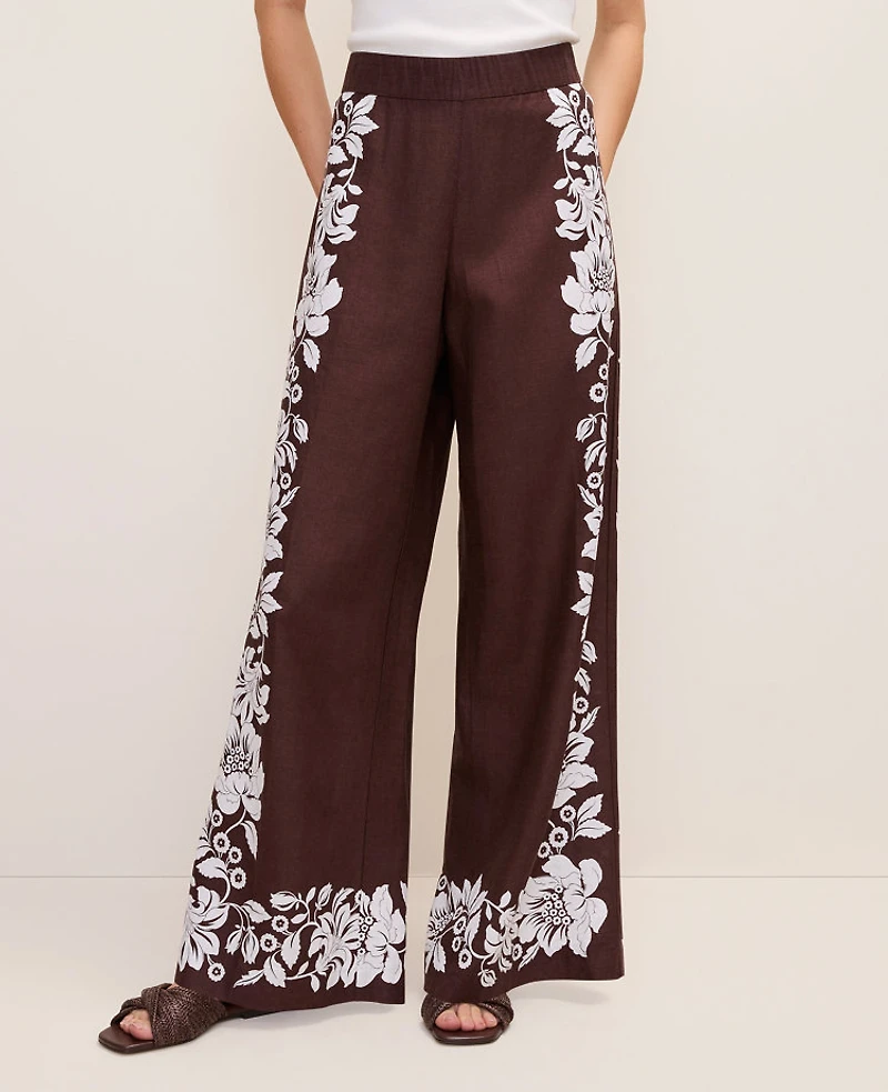 Ann Taylor The Easy Wide-Leg Pant Floral Linen Blend Rich Walnut Women's