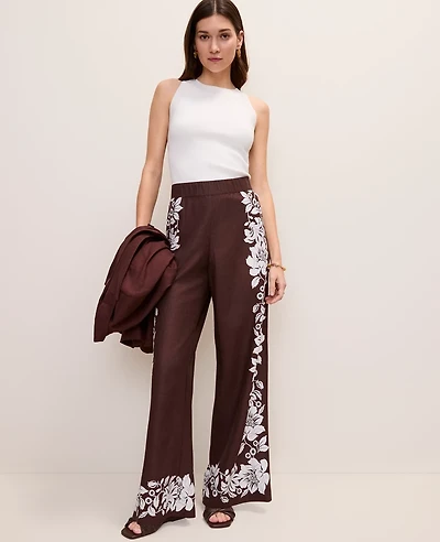 Ann Taylor The Easy Wide-Leg Pant Floral Linen Blend Rich Walnut Women's