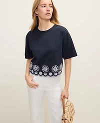 Ann Taylor Weekend Embroidered Elbow Sleeve T-Shirt Night Sky Women's