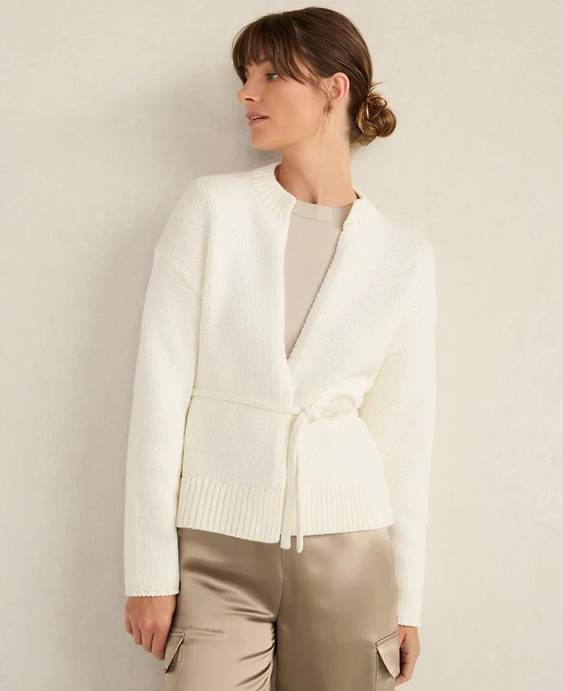 Ann Taylor Haven Well Within Chunky Cotton Blend Belted Cardigan Ivory Women's