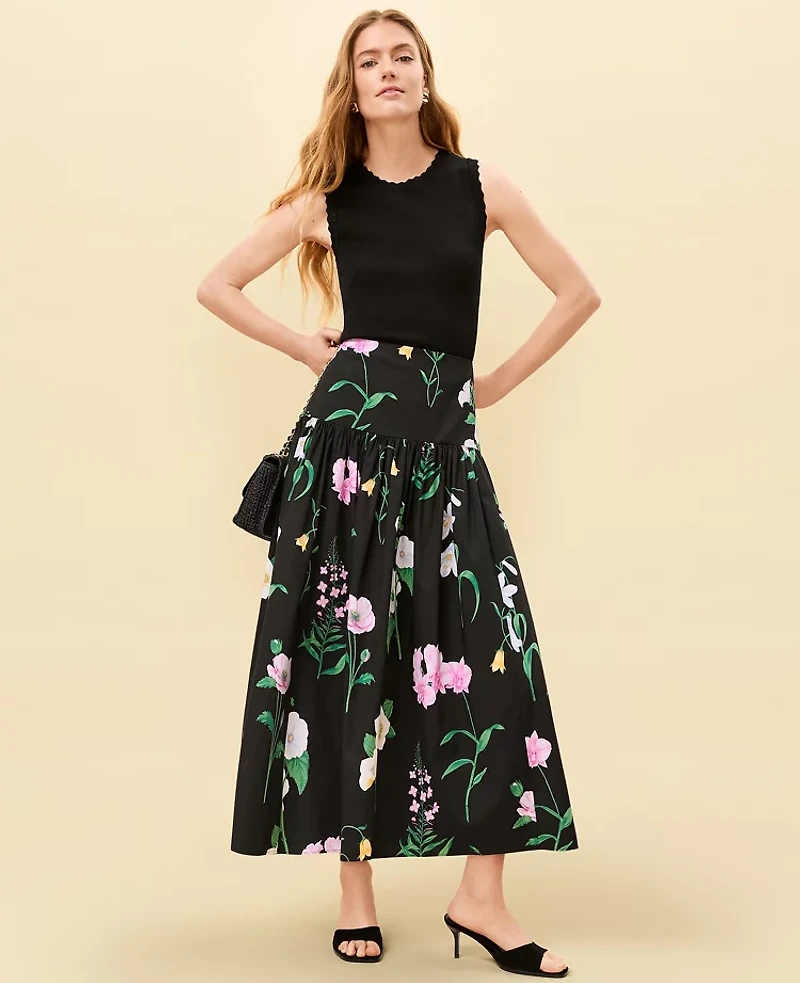 Ann Taylor Floral Gathered Maxi Skirt Black Women's