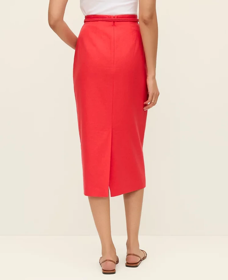 Ann Taylor Petite Belted Midi Pencil Skirt Linen Blend Smoldering Red Women's