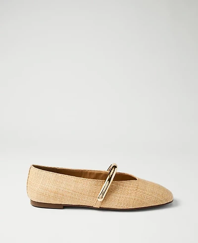 Ann Taylor Straw Hardware Embellished Mary Jane Flat Natural Women's