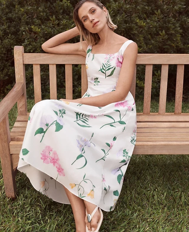 Ann Taylor Floral Flare Midi Dress Winter White Women's | The Summit