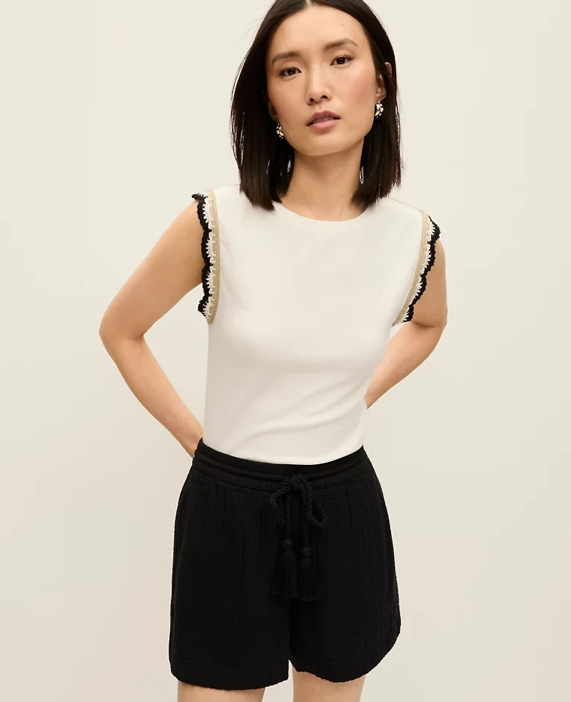 Ann Taylor Petite Crochet Trim Crew Neck Top Women's