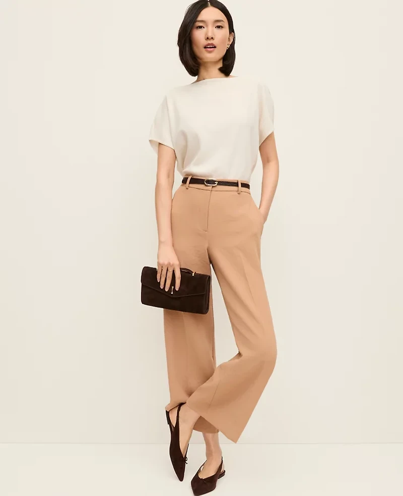 Ann Taylor The Petite Wide-Leg Cropped Pant Textured Crepe Weathered Oak Women's