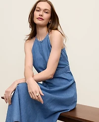 Ann Taylor Chambray Halter Flare Midi Dress Light Indigo Wash Women's