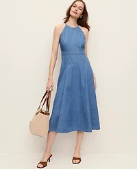 Ann Taylor Chambray Halter Flare Midi Dress Light Indigo Wash Women's