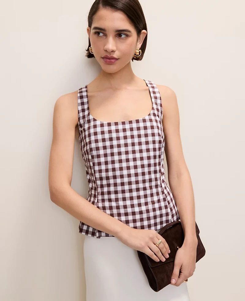 Ann Taylor Gingham Peplum Tank Top Rich Walnut Women's