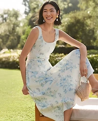 Ann Taylor Petite Floral Belted Flare Midi Dress White-Blue Women's