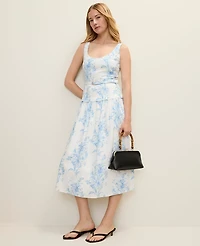 Ann Taylor Petite Floral Belted Flare Midi Dress White-Blue Women's