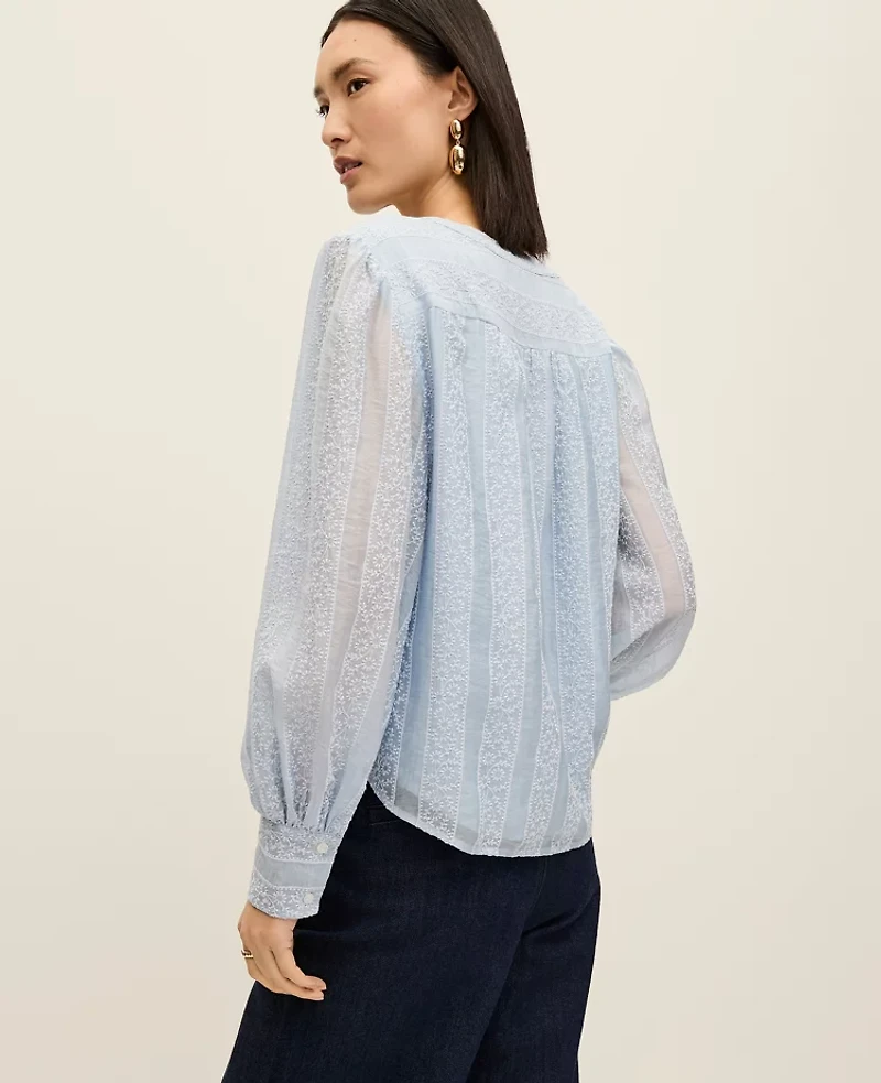 Ann Taylor Petite Embroidered V-Neck Blouse Coastal Glow Women's