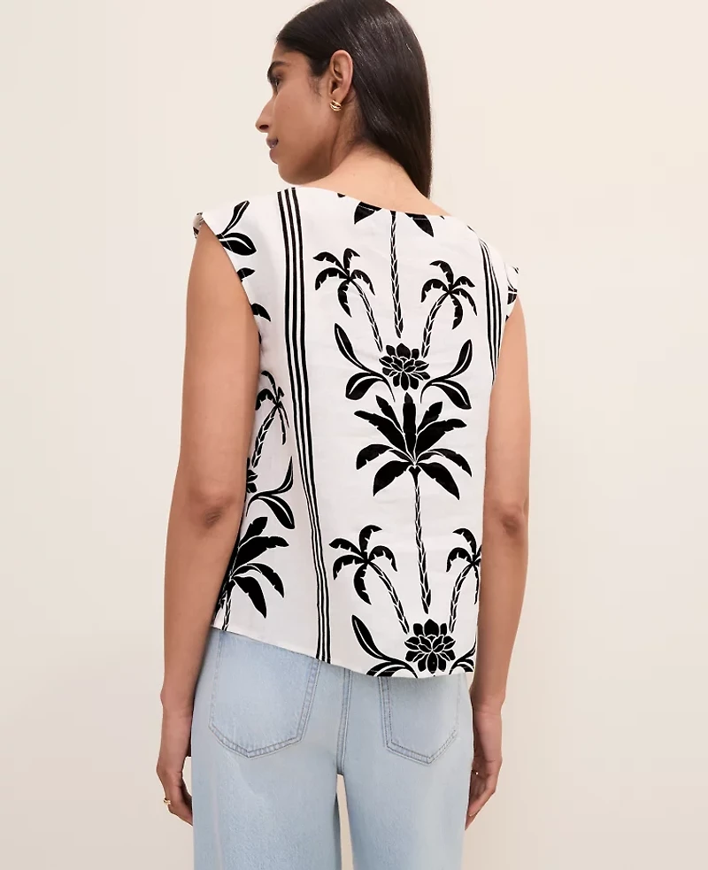 Ann Taylor Floral Crew Neck Top Linen Black Women's