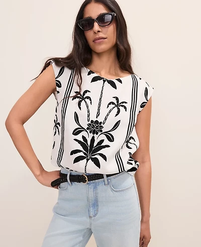 Ann Taylor Floral Crew Neck Top Linen Black Women's