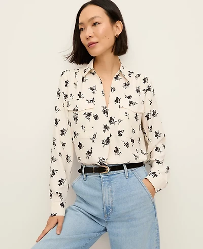 Ann Taylor Floral Camp Shirt Winter White Women's