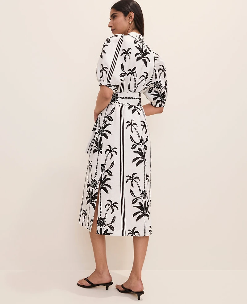 Ann Taylor Palm Tree Print Midi Dress Linen Black Women's