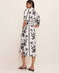 Ann Taylor Palm Tree Print Midi Dress Linen Black Women's