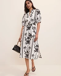 Ann Taylor Palm Tree Print Midi Dress Linen Black Women's