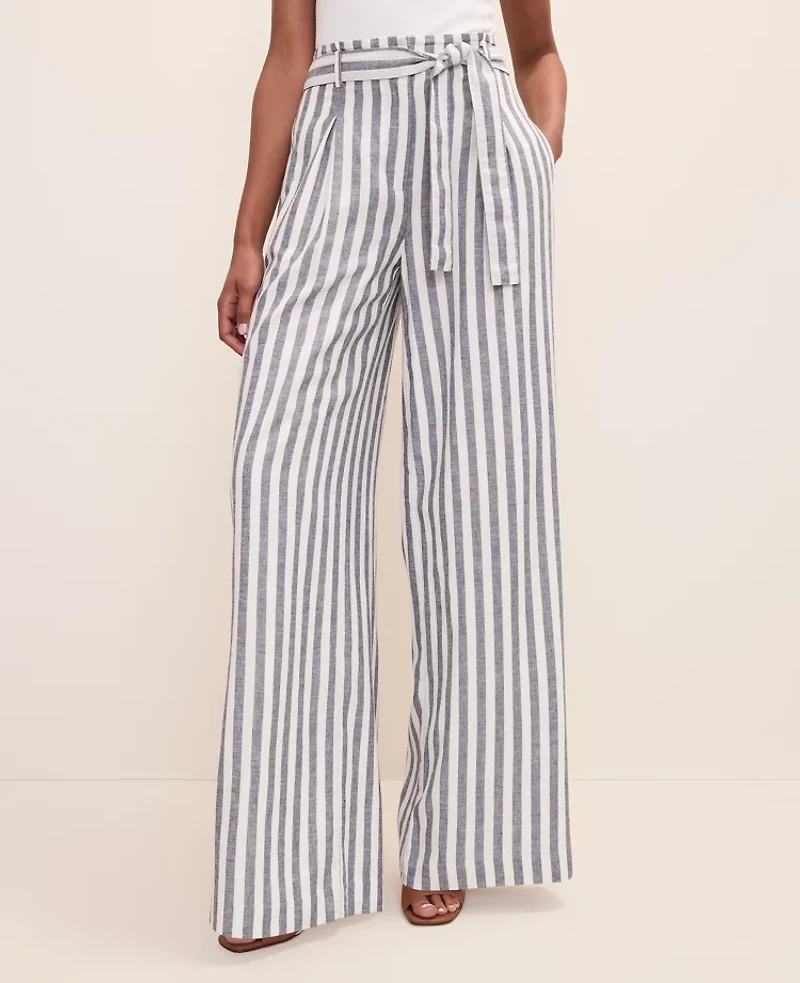 Ann Taylor The Petite Striped Paperbag Waist Pant Linen Blend Subdued Navy Women's
