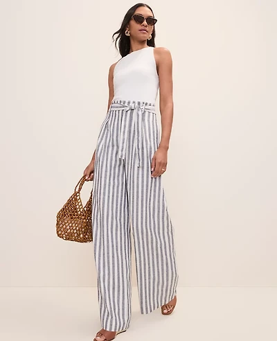 Ann Taylor The Petite Striped Paperbag Waist Pant Linen Blend Subdued Navy Women's