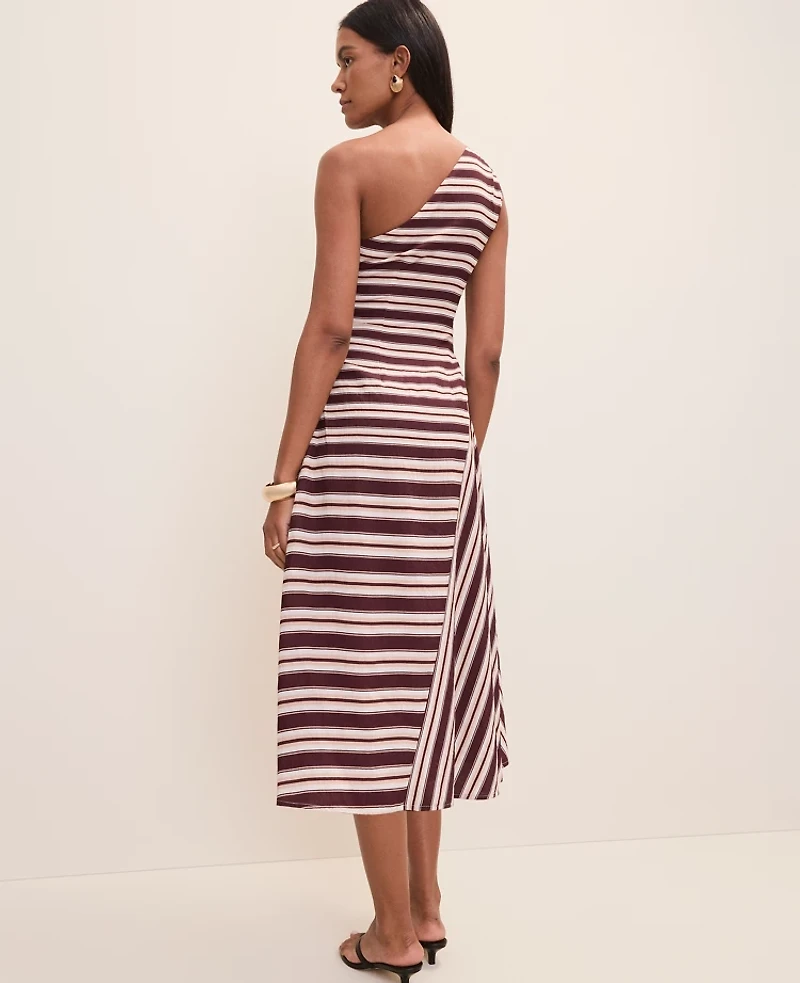 Ann Taylor Striped One-Shoulder Midi Dress Rich Walnut Women's