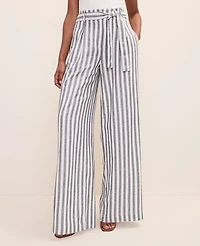 Ann Taylor The Striped Paperbag Waist Pant Linen Blend Subdued Navy Women's