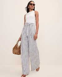 Ann Taylor The Striped Paperbag Waist Pant Linen Blend Subdued Navy Women's