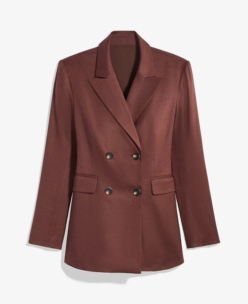 Ann Taylor The Petite Fitted Long Double Breasted Blazer Linen Blend Rich Walnut Women's
