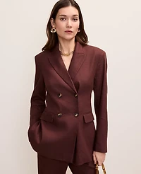 Ann Taylor The Petite Fitted Long Double Breasted Blazer Linen Blend Rich Walnut Women's