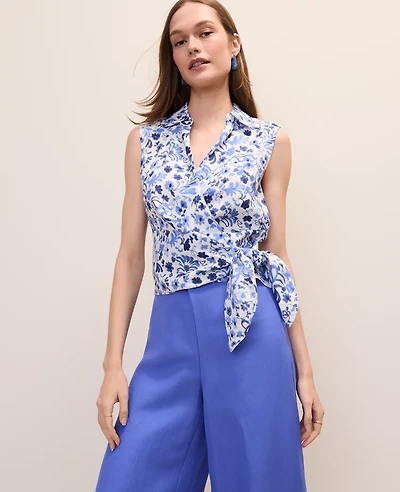 Ann Taylor Floral Tie Waist Blouse Linen Pure Ink Women's