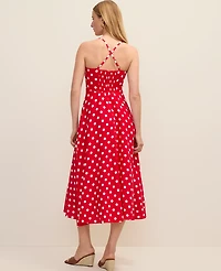 Ann Taylor Polka Dot Midi Dress Linen Blend Bright Cherry Women's