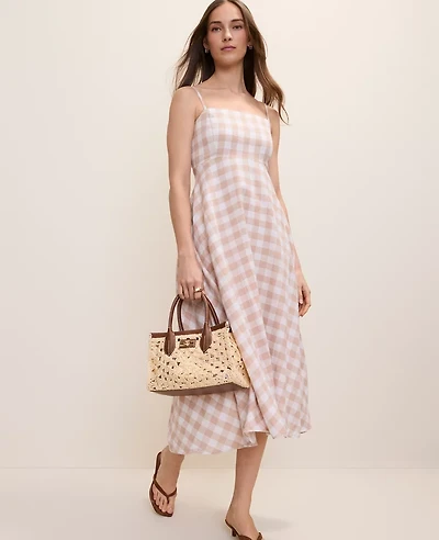 Ann Taylor Gingham Midi Dress Linen Blend Moonlight Women's