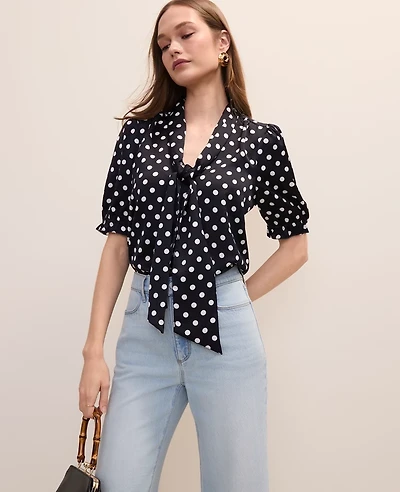 Ann Taylor Polka Dot Bow Blouse Satin Night Sky Women's