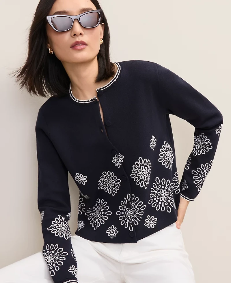 Ann Taylor Petite Embroidered Cardigan Night Sky Women's